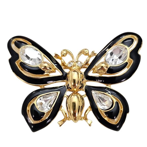 Trifari TM Butterfly Brooch Vintage Clear Crystal Rhinestone Black Enamel Pin - Picture 1 of 9